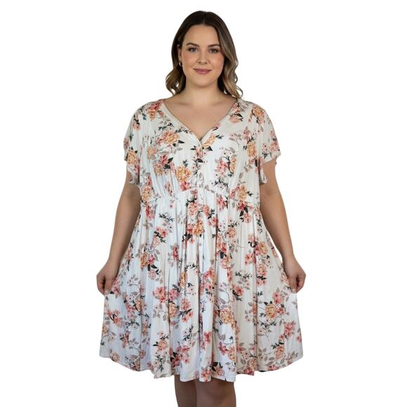 Torrid Plus Sz 3X Floral Babydoll Dress Rayon V-Neck Boho Chic Empire Waist Mini - Picture 1 of 13